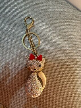 Crystal Cat Keychain with Red Bow